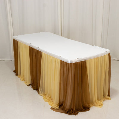 14ft Sheer Pleated Ruffle Skirting Chiffon Table Skirt - Champagne and Gold Shimmer Sheer Wrinkle-Free Fabric - Table