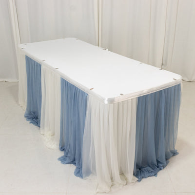 14ft Sheer Pleated Ruffle Skirting Chiffon Table Skirt - Dusty Blue and Ivory Shimmer Sheer Wrinkle-Free Fabric - Table