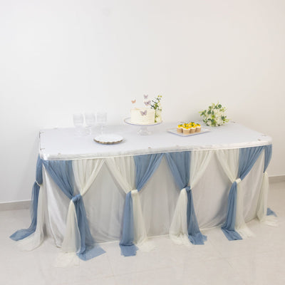 14ft Sheer Pleated Ruffle Skirting Chiffon Table Skirt - Dusty Blue and Ivory Shimmer Sheer Wrinkle-Free Fabric - Table