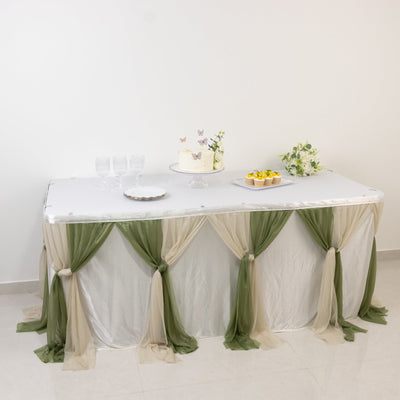 14ft Sheer Pleated Ruffle Skirting Chiffon Table Skirt - Dusty Sage Green and Beige Shimmer Sheer Wrinkle-Free Fabric