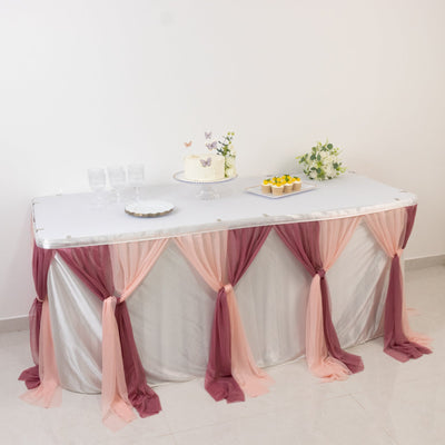 14ft Sheer Pleated Ruffle Skirting Chiffon Table Skirt - Mauve and Blush Shimmer Sheer Wrinkle-Free Fabric - Table