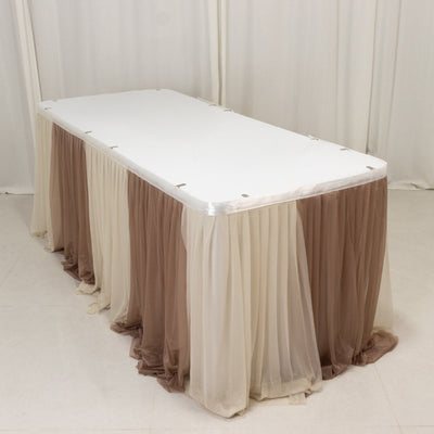 14ft Sheer Pleated Ruffle Skirting Chiffon Table Skirt - Taupe and Beige Shimmer Sheer Wrinkle-Free Fabric - Table