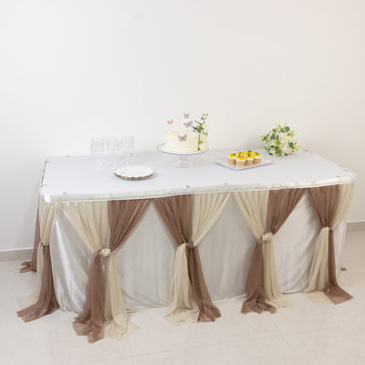 14ft Sheer Pleated Ruffle Skirting Chiffon Table Skirt - Taupe and Beige Shimmer Sheer Wrinkle-Free Fabric - Table