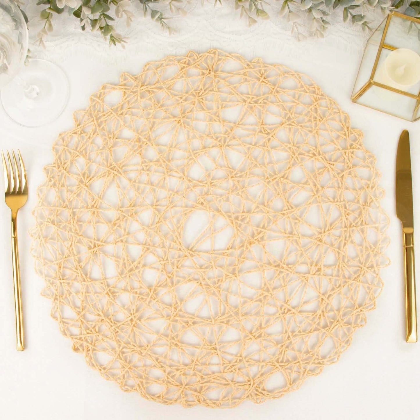 6-Pack Table Placemats Woven Fiber Design Beige Round - Disposable Mats for Dining and Events 15"