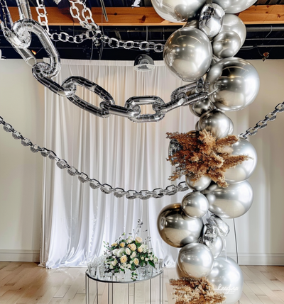 16ft Jumbo Chain Link Balloons in Silver 30pack 8x12’’ Durable Foil Chain Balloons for 90s Hip Hop Party Decorations