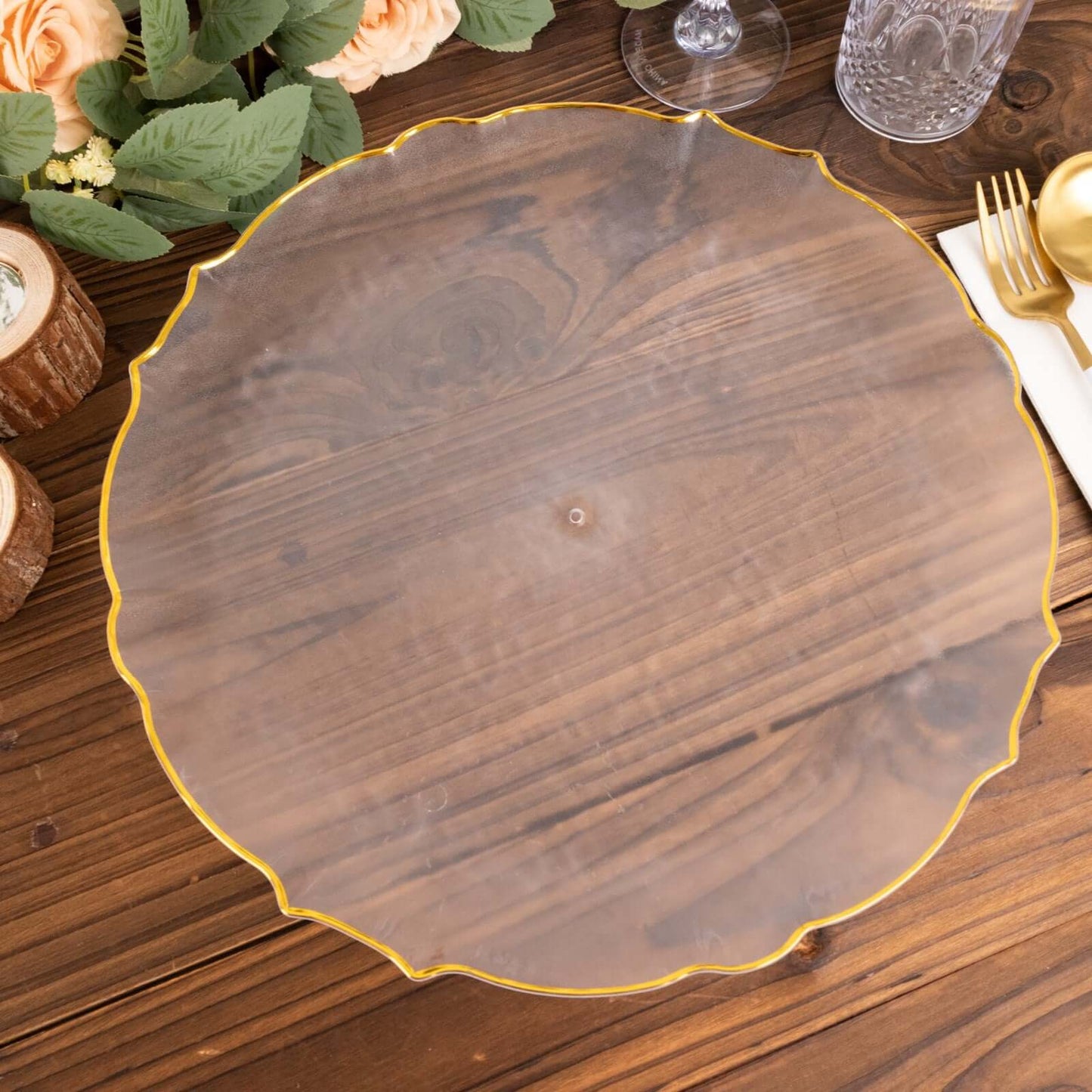20 Pack Economy Plastic Round Charger Plates 13" in Clear Sunflower Design with Gold Scalloped Rim - Table Setting Plates