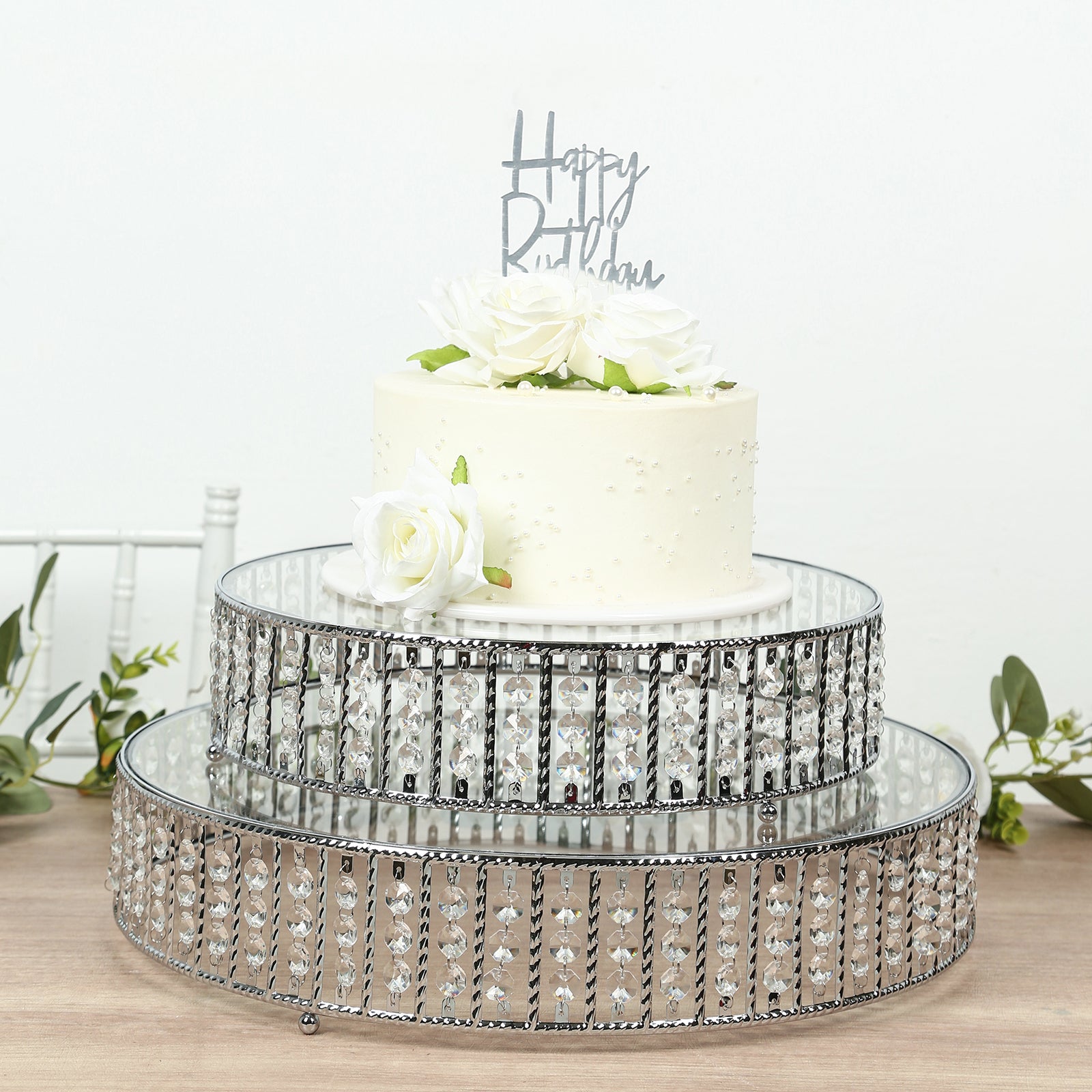 18’’ Round Silver Cake Stand with Hanging Crystal Beads and Glass Top â€“ Metal Dessert Display Tray - Cake Stands