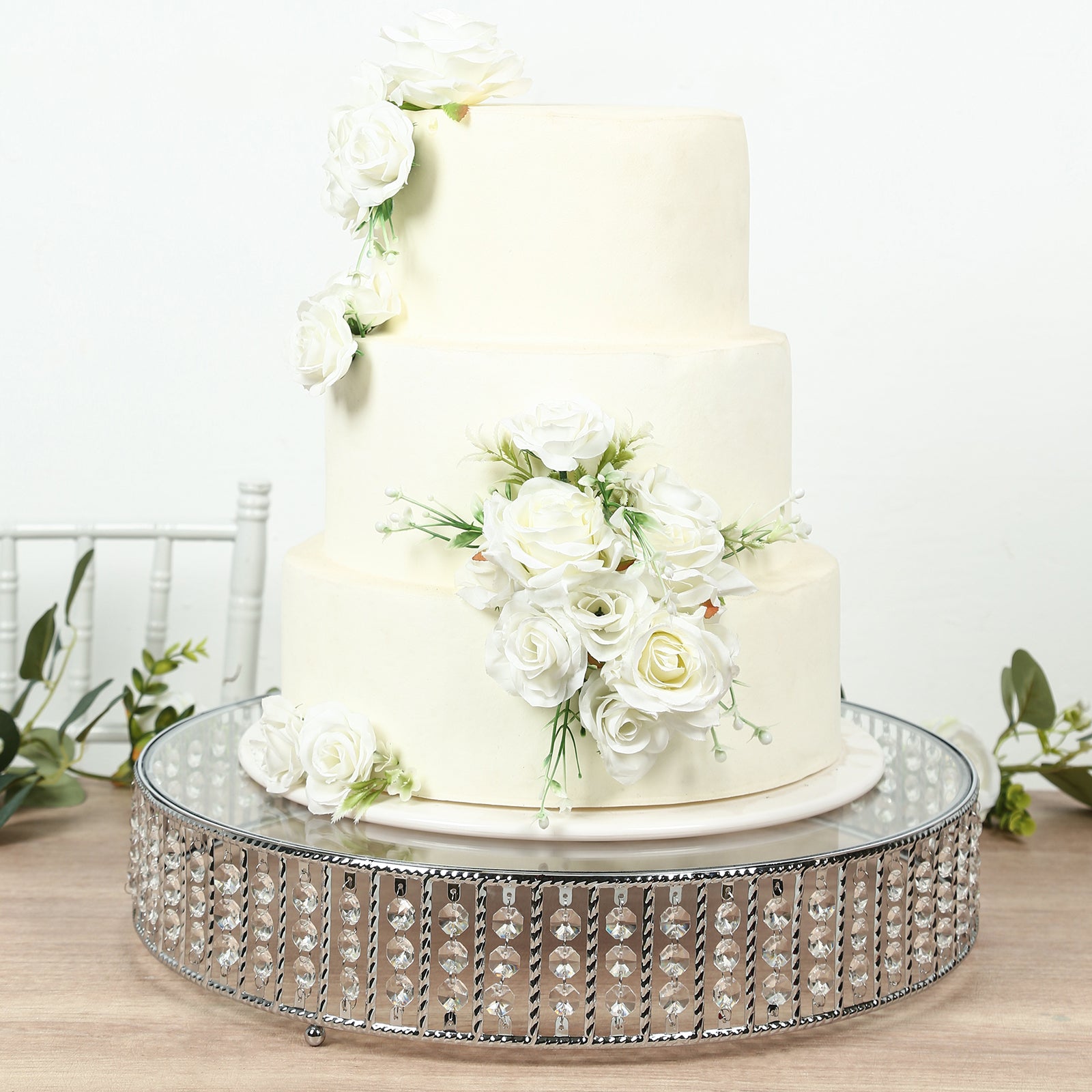 18’’ Round Silver Cake Stand with Hanging Crystal Beads and Glass Top â€“ Metal Dessert Display Tray - Cake Stands