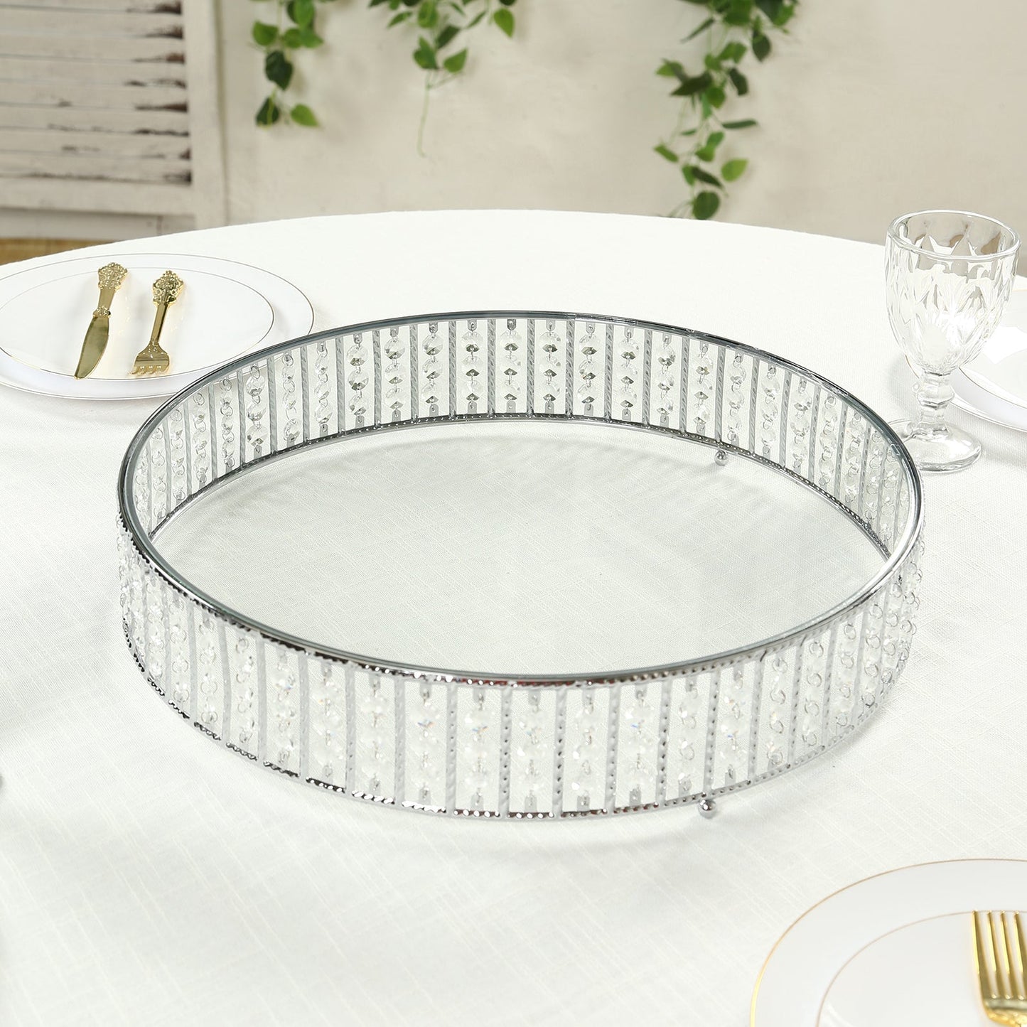 18’’ Round Silver Cake Stand with Hanging Crystal Beads and Glass Top â€“ Metal Dessert Display Tray - Cake Stands