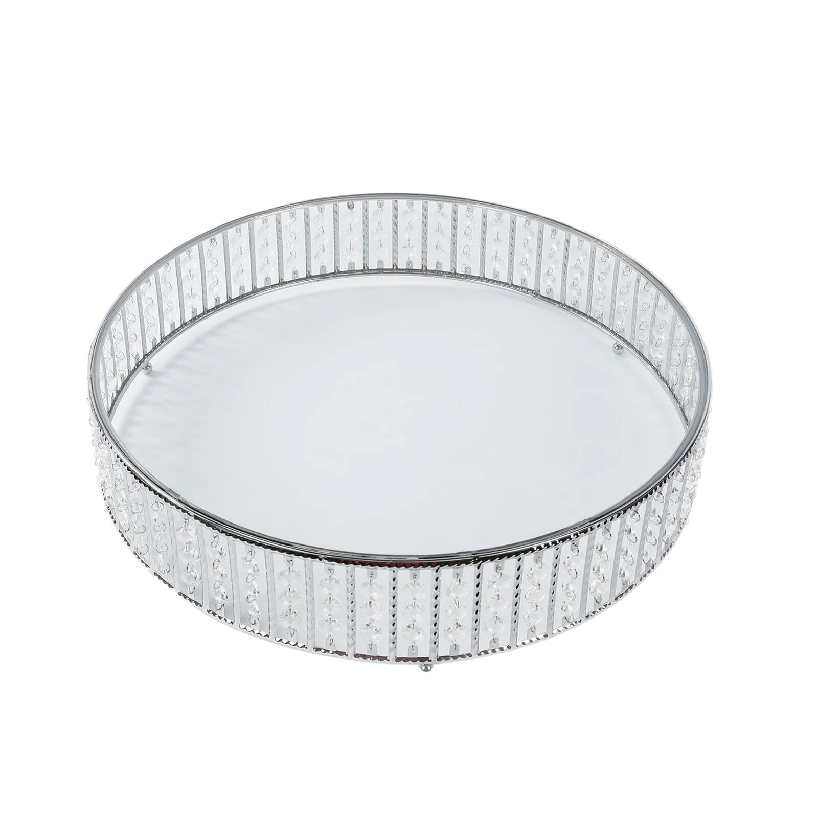 18’’ Round Silver Cake Stand with Hanging Crystal Beads and Glass Top â€“ Metal Dessert Display Tray - Cake Stands