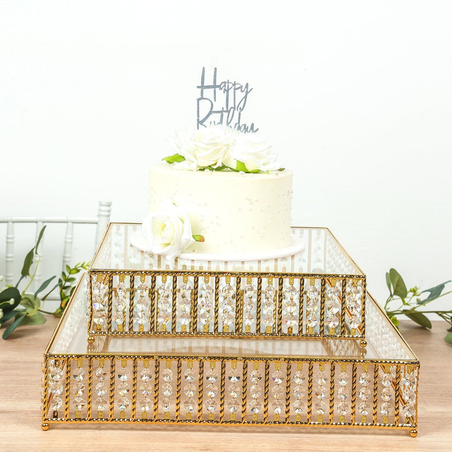 18’’ Square Gold Cake Stand with Hanging Crystal Beads and Glass Top â€“ Metal Dessert Display Tray - Cake Stands