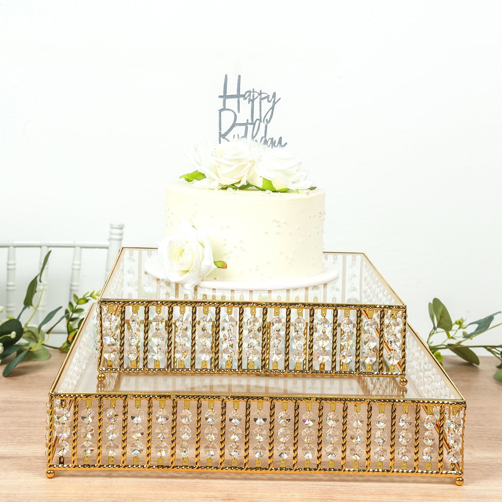 18’’ Square Gold Cake Stand with Hanging Crystal Beads and Glass Top â€“ Metal Dessert Display Tray - Cake Stands