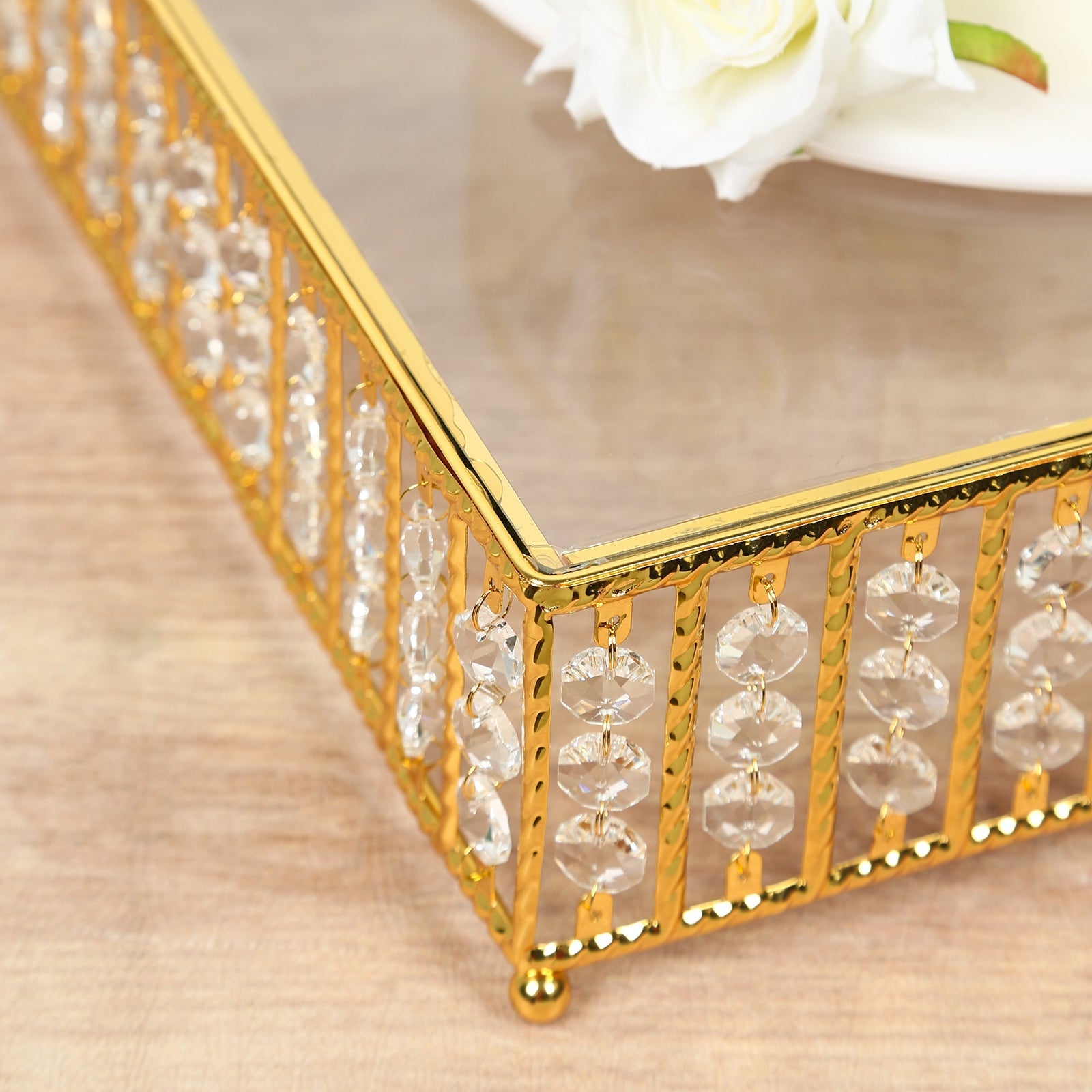 18’’ Square Gold Cake Stand with Hanging Crystal Beads and Glass Top â€“ Metal Dessert Display Tray - Cake Stands