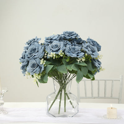 2 Bushes 18’’ Real Touch Artificial Rose Flower Bouquet Dusty Blue Silk Long Stem Flower Arrangements - Silk Flowers