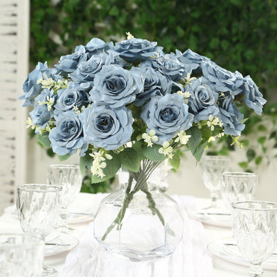2 Bushes 18’’ Real Touch Artificial Rose Flower Bouquet Dusty Blue Silk Long Stem Flower Arrangements - Silk Flowers