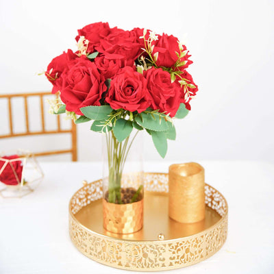 2 Bushes 18" Real Touch Red Artificial Rose Flower Bouquet, Silk Long Stem Flower Arrangements