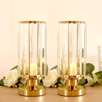 2 Pack 11’’ Crystal Pendant Hurricane Candle Holders in Gold Elegant Cylinder Design for Pillar Candles Short-Stemmed