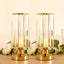 2 Pack 11" Crystal Pendant Hurricane Candle Holders in Gold, Elegant Cylinder Design for Pillar Candles, Short-Stemmed, Decorative Table Centerpieces