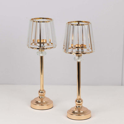 2-Pack 15’’ Crystal Pendant Candle Holders - Classic Empire Lamp Shade Style in Gold Votive Candle Stand For Table