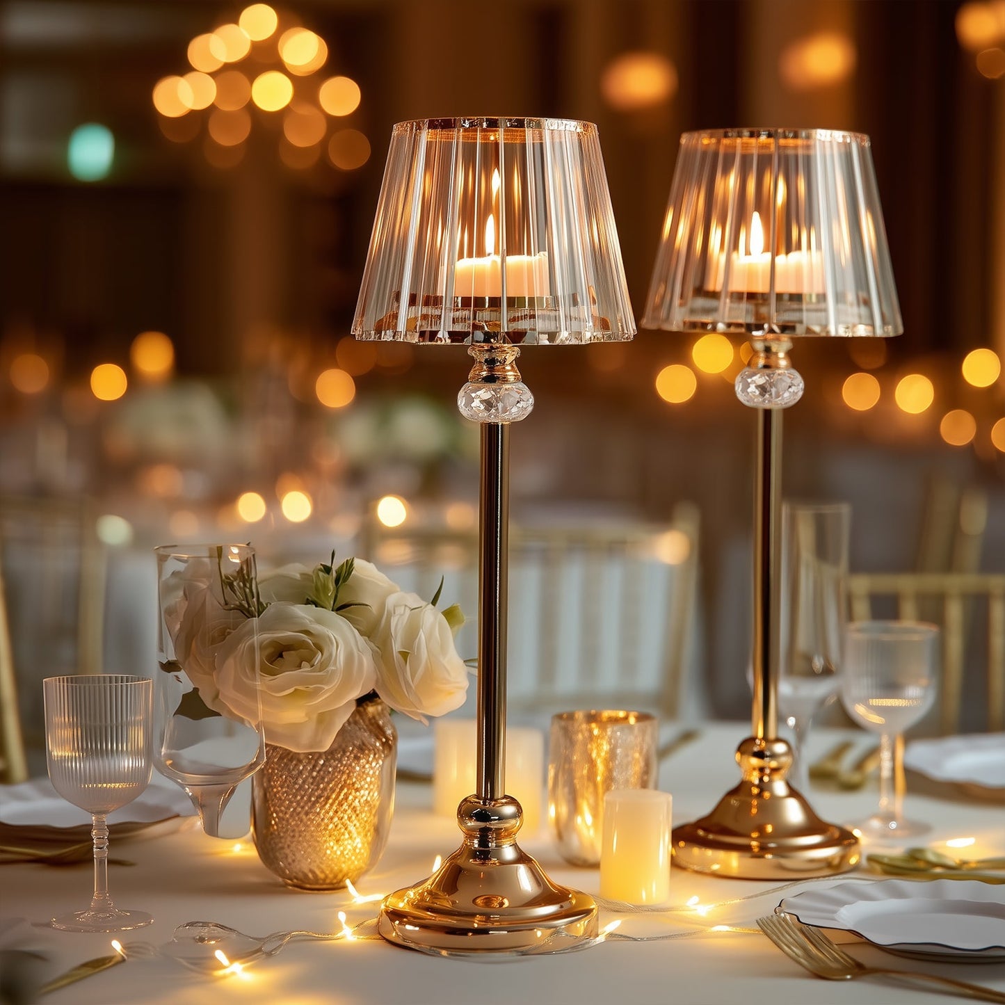 2-Pack 25’’ Crystal Pendant Candle Holders Classic Empire Lamp Shade Style in Gold Votive Candle Stand for Table