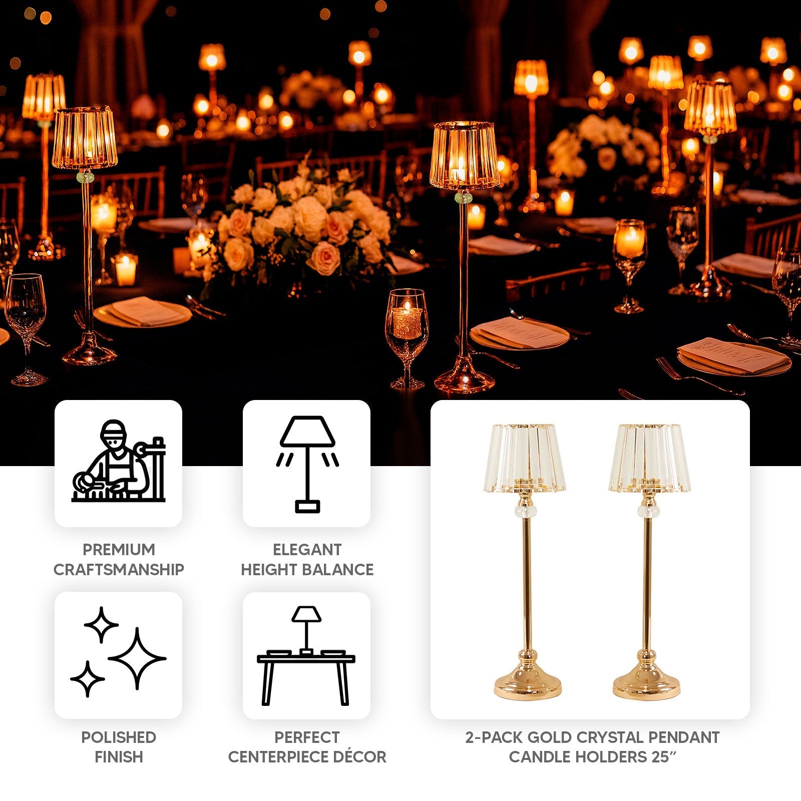 2-Pack 25’’ Crystal Pendant Candle Holders Classic Empire Lamp Shade Style in Gold Votive Candle Stand for Table