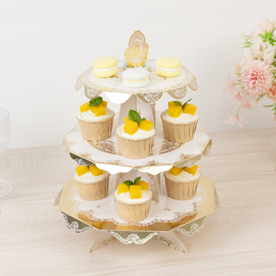 2-Pack 3-Tier Cupcake Display Stands with Vintage Floral Pattern White Gold Round Cardboard Dessert Towers - 15’’