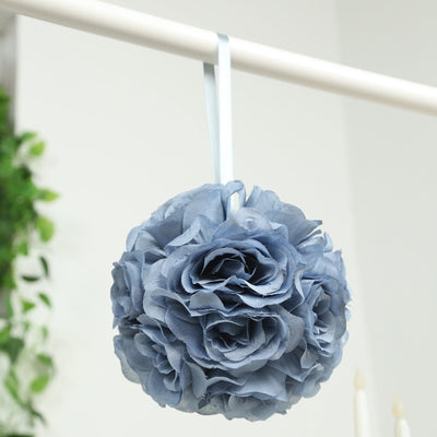 2 Pack 7’’ Dusty Blue Artificial Silk Rose Kissing Ball Faux Flower Ball - Silk Flowers