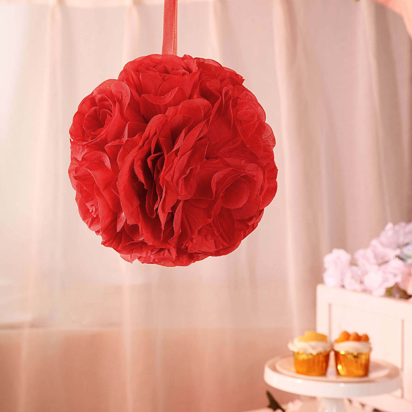 2 Pack 7" Red Artificial Silk Rose Kissing Ball, Faux Flower Ball