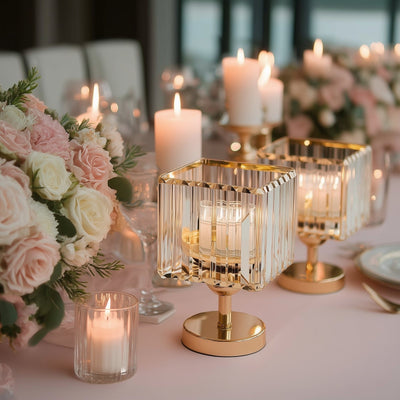 2 Pack 9’’ Crystal Pendant Hurricane Candle Holders in Gold Elegant Square Design for Pillar Candles Decorative Table