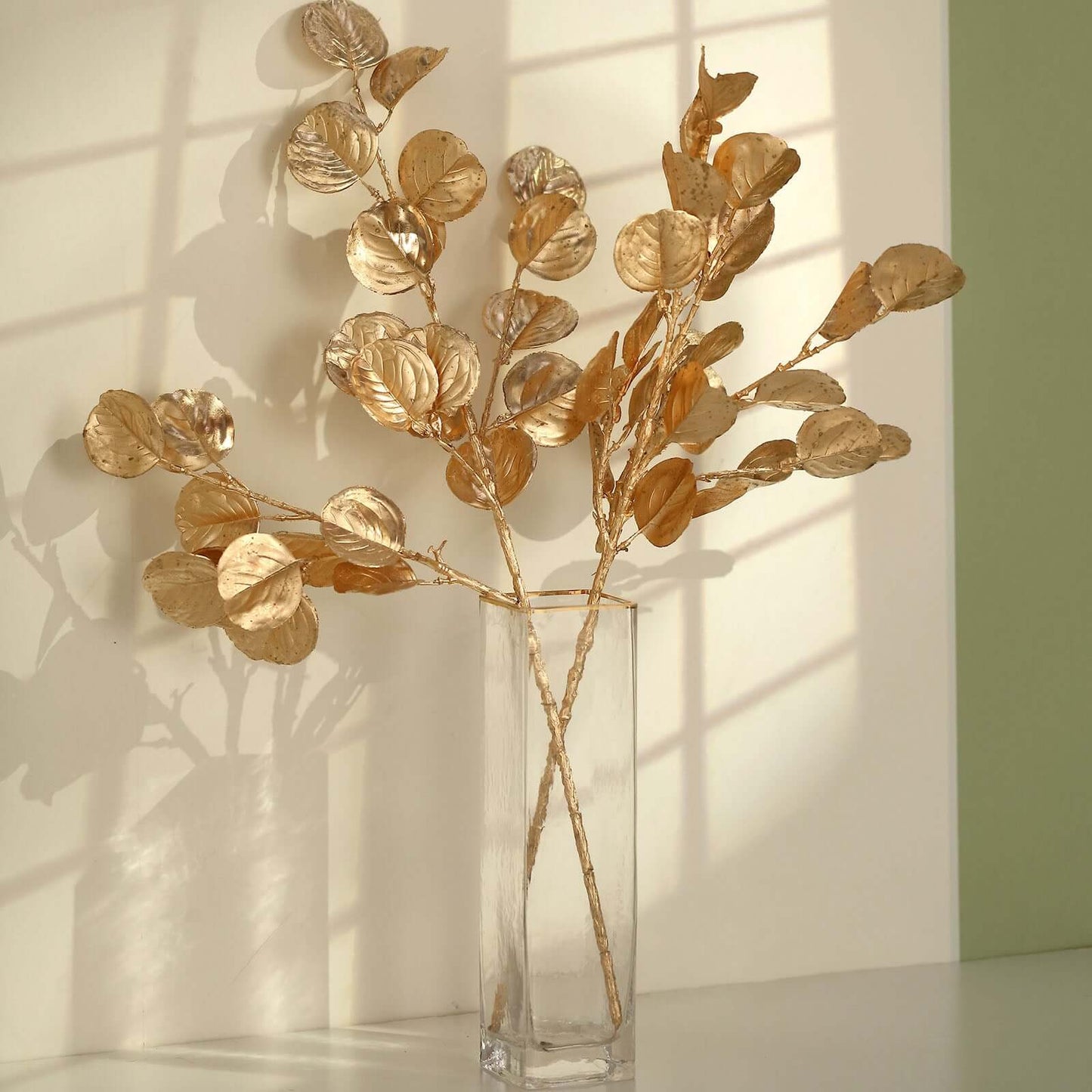 2-Pack Artificial Round Eucalyptus Leaf Branches Metallic Gold - Lifelike Faux Stems for Modern Centerpieces & Floral Arrangements 27"