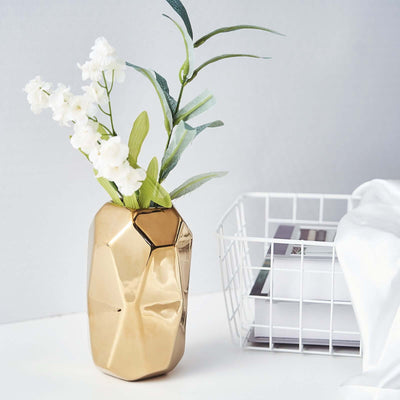 2-Pack Ceramic Cylinder Vases Metallic Gold Geometric - Stylish Modern Decor for Floral Arrangements 6’’ - Centerpieces
