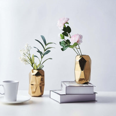 2-Pack Ceramic Cylinder Vases Metallic Gold Geometric - Stylish Modern Decor for Floral Arrangements 6’’ - Centerpieces