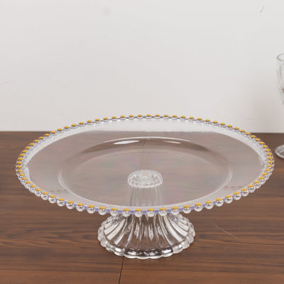2-Pack Clear Plastic Pedestal Cake Stands â€“ 13’’ Round Dessert Display Trays with Gold Beaded Rim - Cake Stands