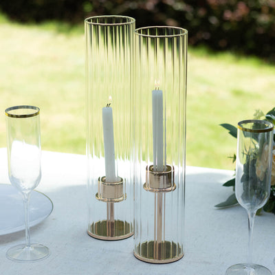 2-Pack Clear Ribbed Glass Hurricane Shades Open End Design - Stylish Candelabra Pillar Candle Holder Table Centerpiece