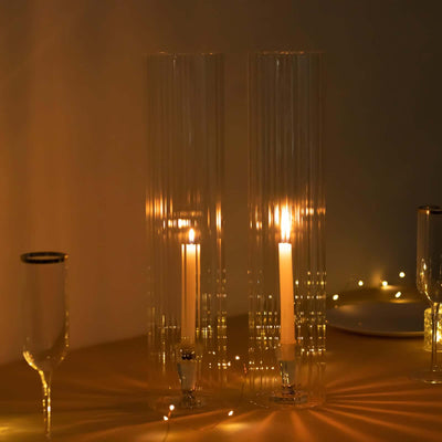 2-Pack Clear Ribbed Glass Hurricane Shades Open End Design - Stylish Candelabra Pillar Candle Holder Table Centerpiece
