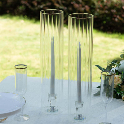 2-Pack Clear Ribbed Glass Hurricane Shades Open End Design - Stylish Candelabra Pillar Candle Holder Table Centerpiece