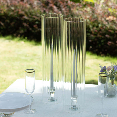 2-Pack Clear Ribbed Glass Hurricane Shades Open End Design - Stylish Candelabra Pillar Candle Holder Table Centerpiece