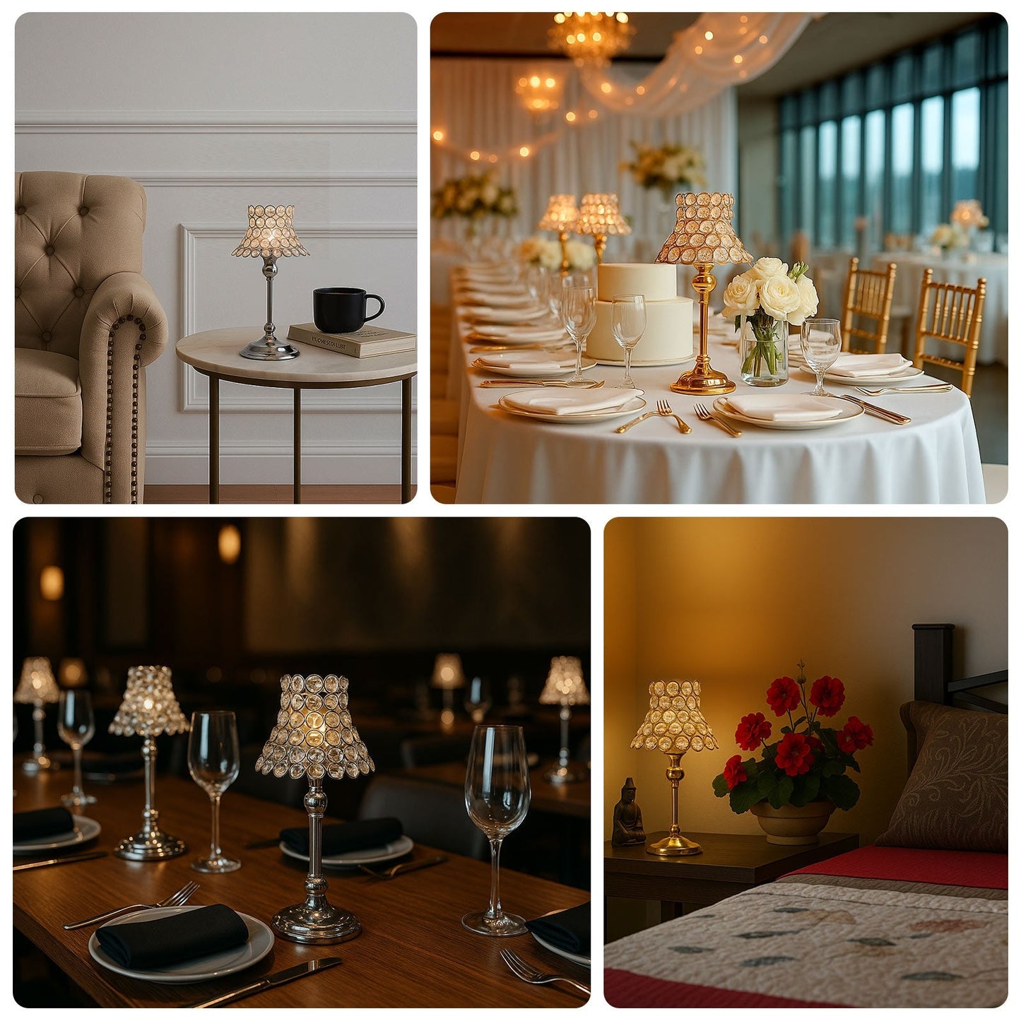 2 Pack Crystal Beaded Candle Holders â€“ 12’’ Tall Gold Metal Centerpieces with Lamp-Inspired Shade for Tables & Events