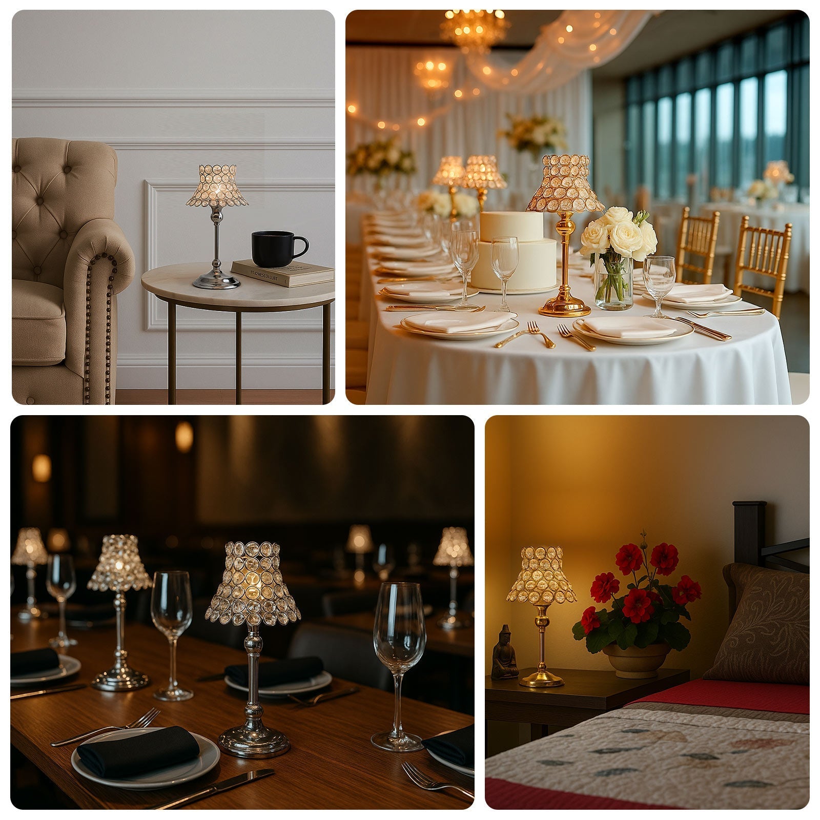 2 Pack Crystal Beaded Candle Holders â€“ 12’’ Tall Gold Metal Centerpieces with Lamp-Inspired Shade for Tables & Events