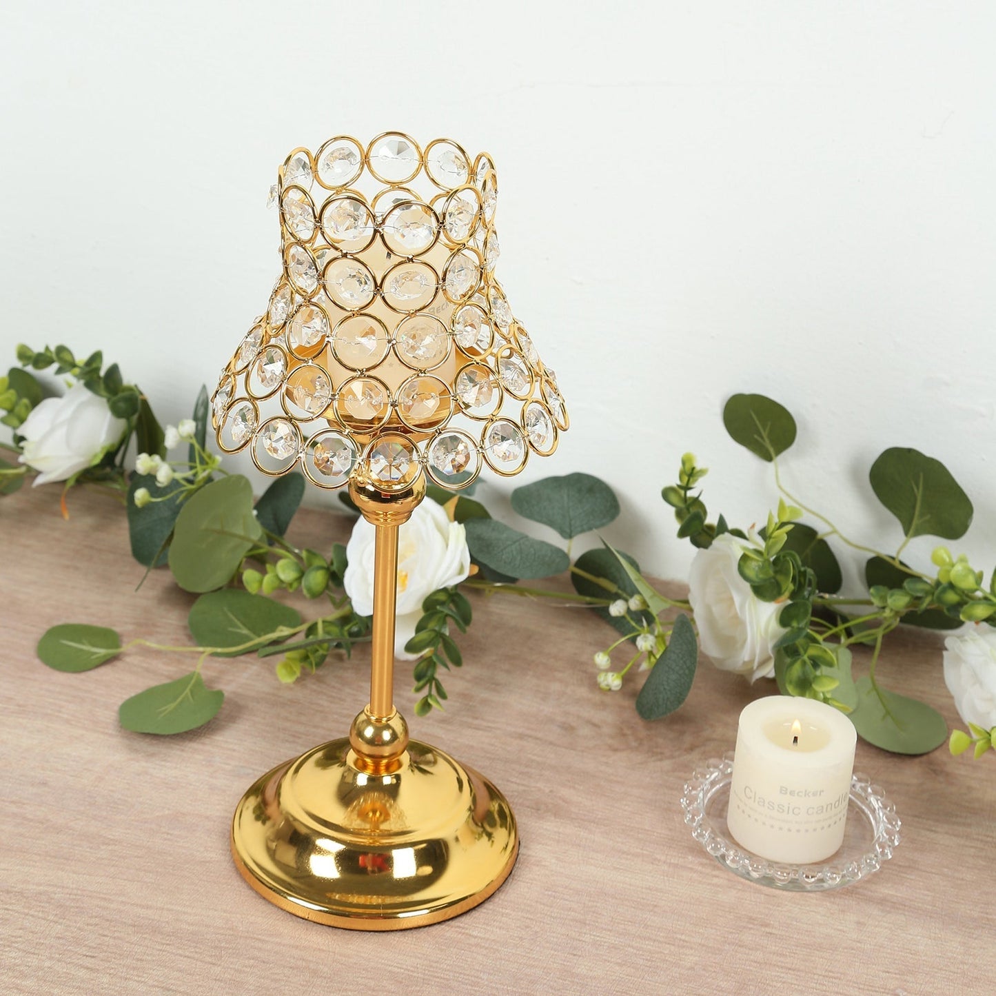 2 Pack Crystal Beaded Candle Holders â€“ 12’’ Tall Gold Metal Centerpieces with Lamp-Inspired Shade for Tables & Events