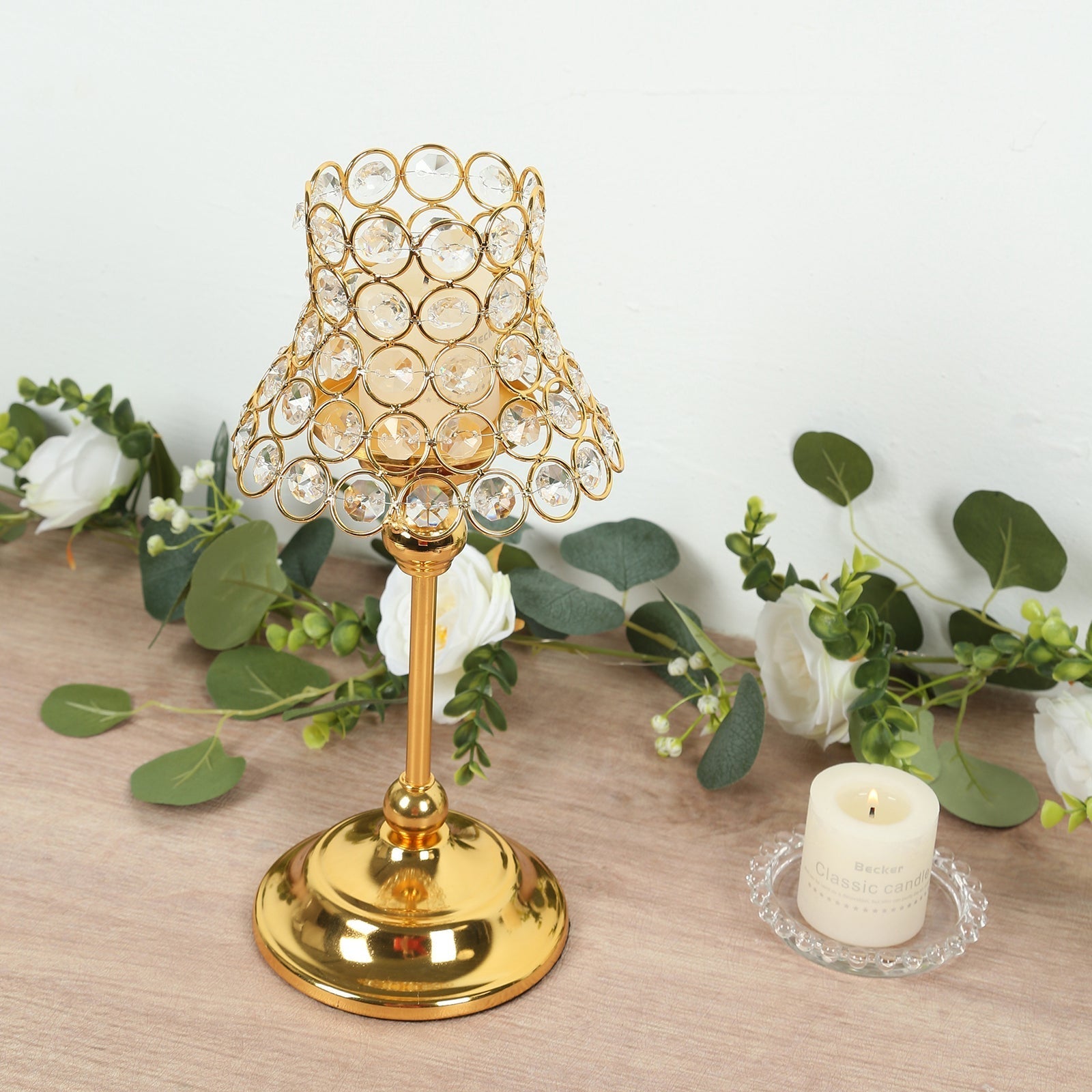 2 Pack Crystal Beaded Candle Holders â€“ 12’’ Tall Gold Metal Centerpieces with Lamp-Inspired Shade for Tables & Events