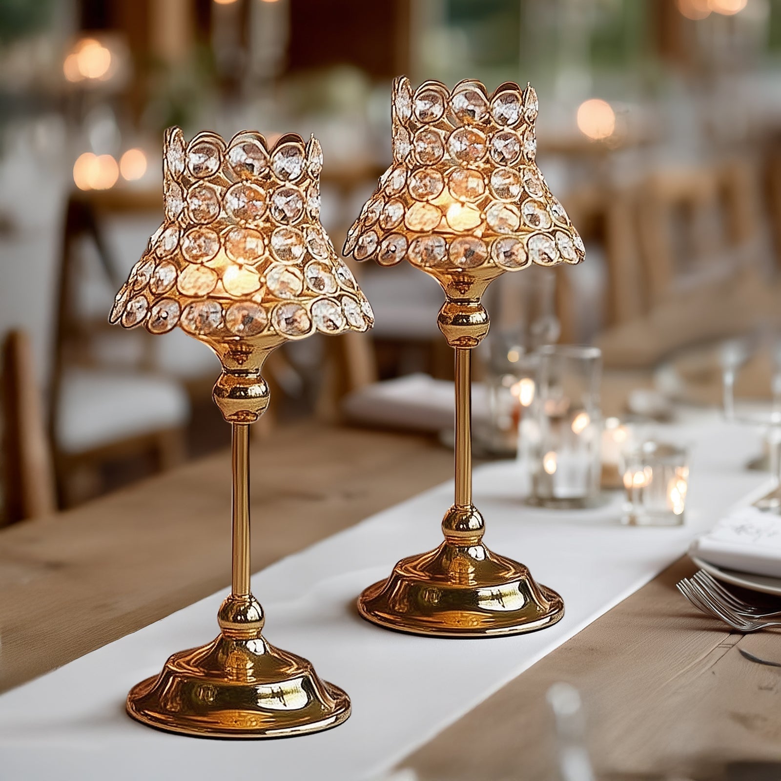 2 Pack Crystal Beaded Candle Holders â€“ 12’’ Tall Gold Metal Centerpieces with Lamp-Inspired Shade for Tables & Events