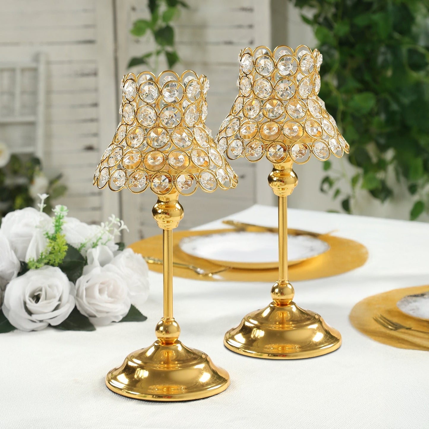 2 Pack Crystal Beaded Candle Holders â€“ 12’’ Tall Gold Metal Centerpieces with Lamp-Inspired Shade for Tables & Events