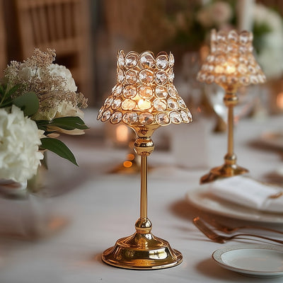 2 Pack Crystal Beaded Candle Holders â€“ 12’’ Tall Gold Metal Centerpieces with Lamp-Inspired Shade for Tables & Events