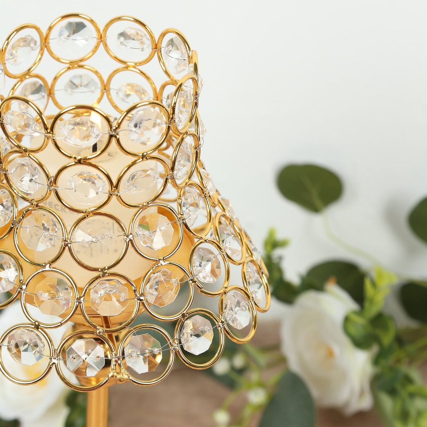 2 Pack Crystal Beaded Candle Holders â€“ 12’’ Tall Gold Metal Centerpieces with Lamp-Inspired Shade for Tables & Events