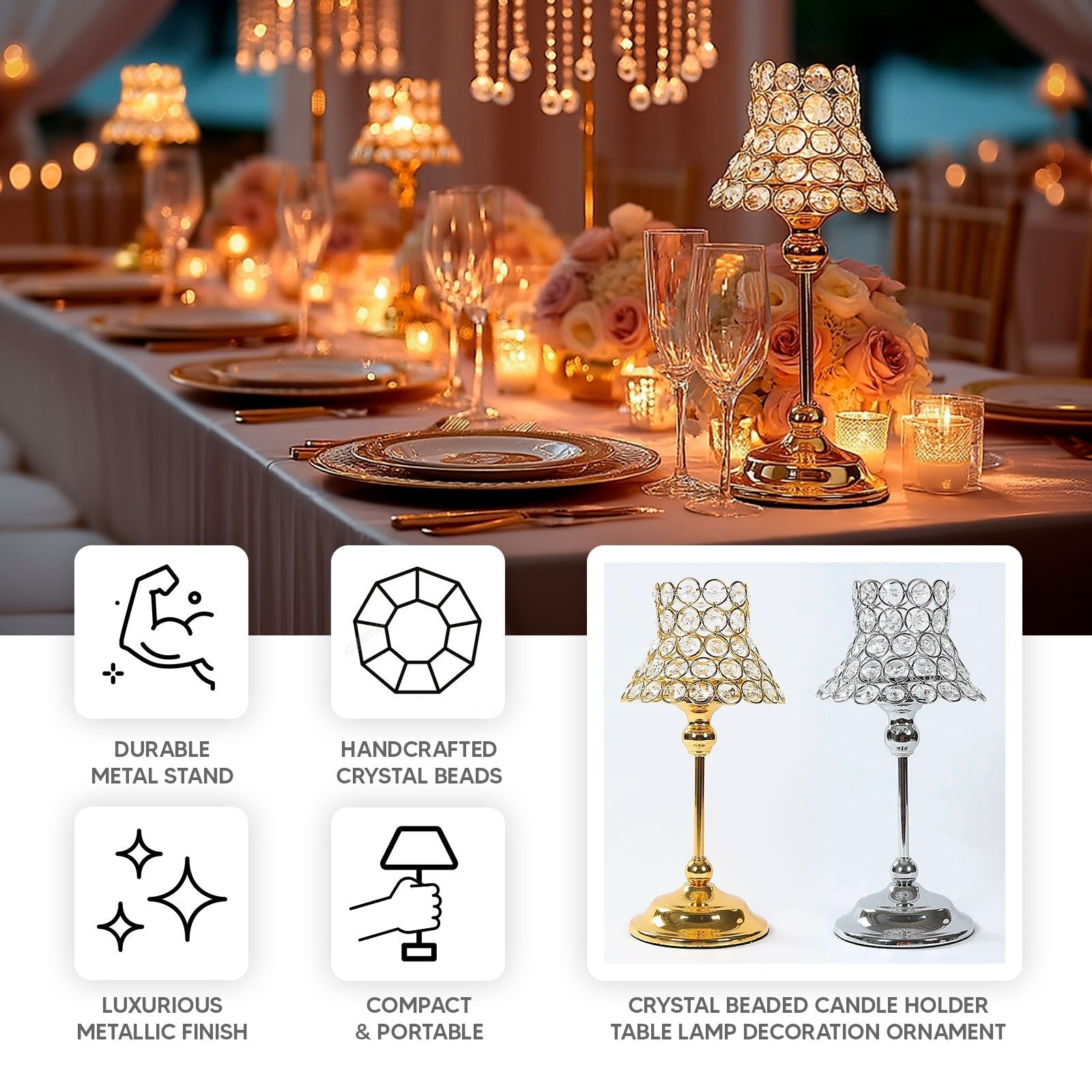 2 Pack Crystal Beaded Candle Holders â€“ 12’’ Tall Gold Metal Centerpieces with Lamp-Inspired Shade for Tables & Events