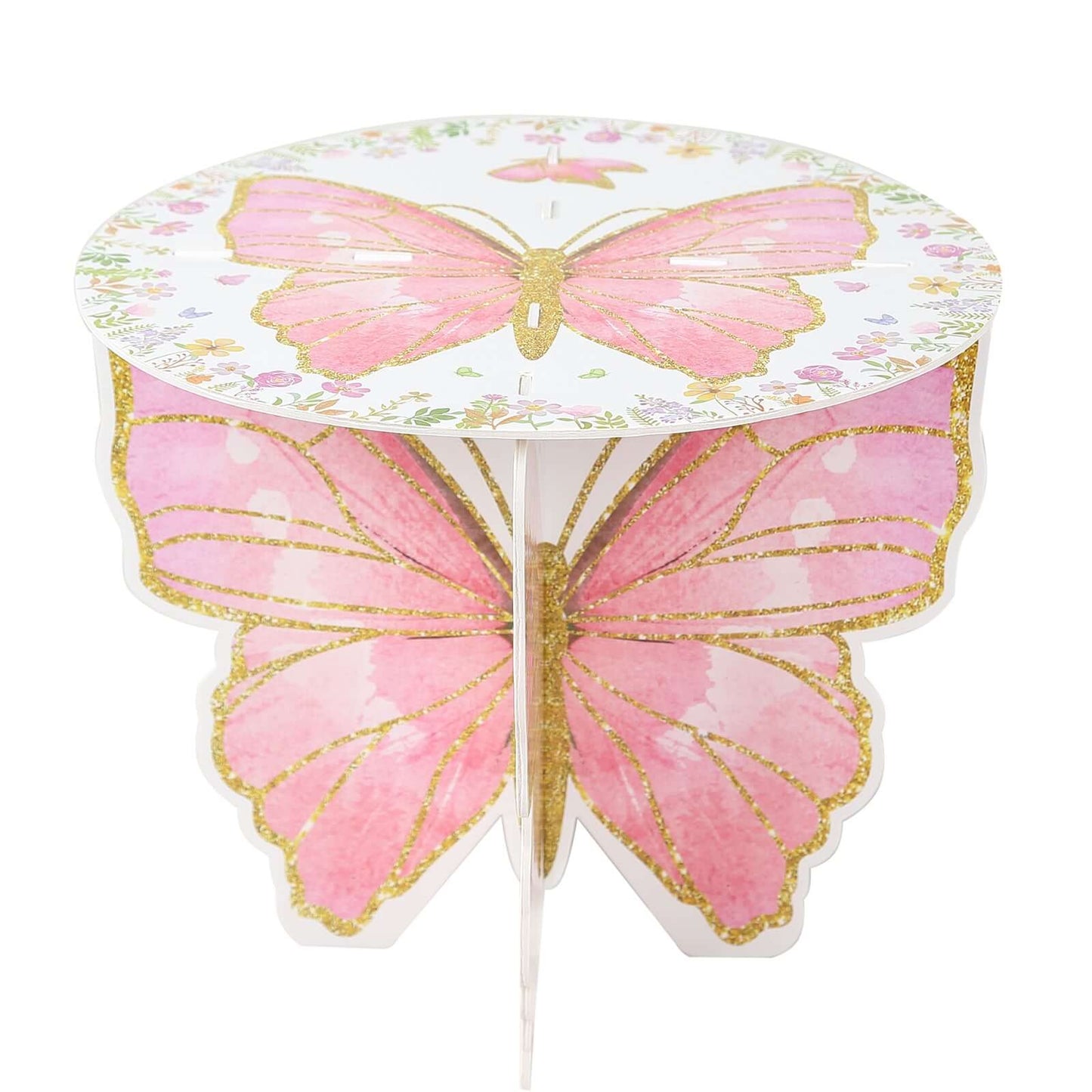 2-Pack Foam Board Cake Stands White/Pink Glitter Butterfly with Floral Print -for Garden Party Birthday & Event Decor