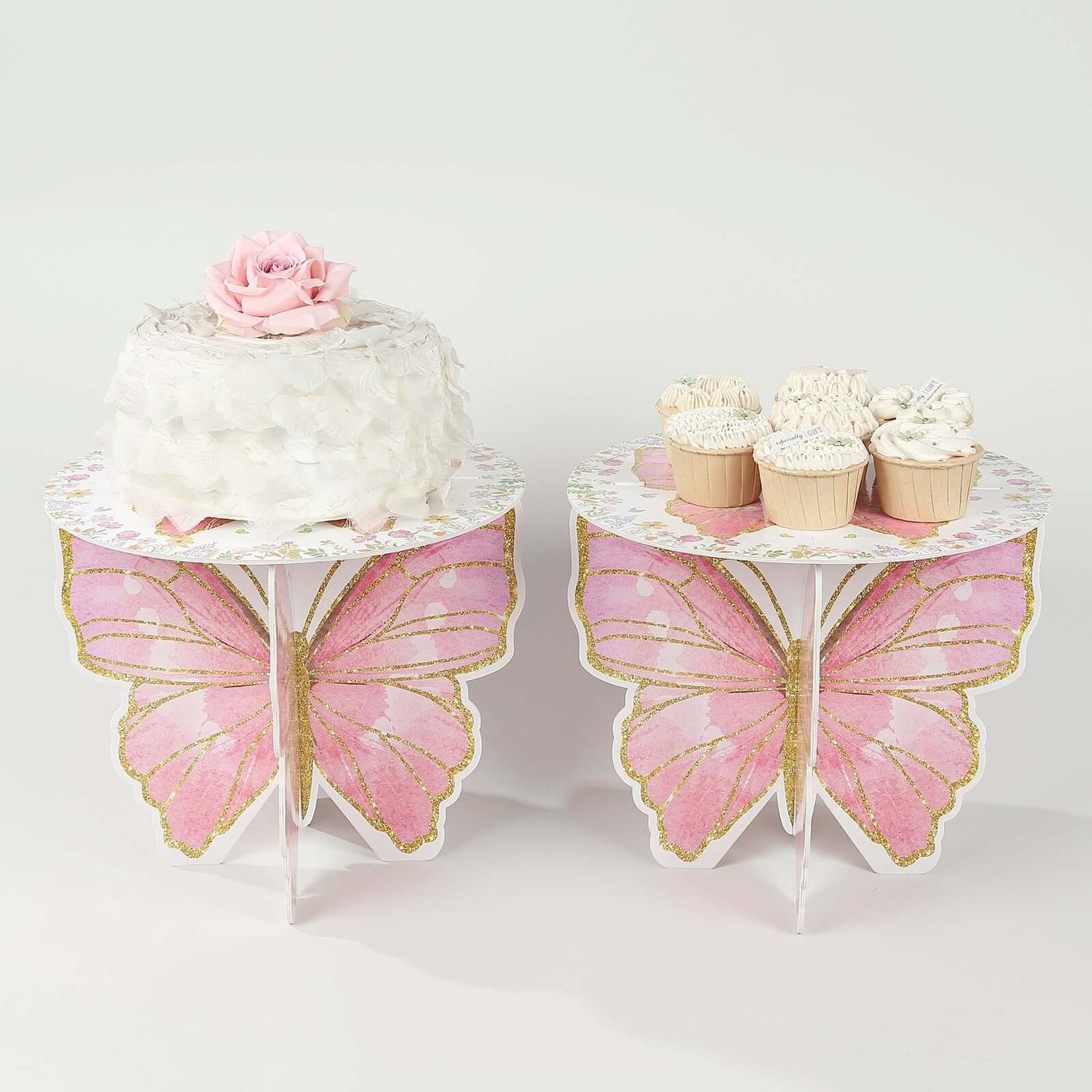2-Pack Foam Board Cake Stands White/Pink Glitter Butterfly with Floral Print -for Garden Party Birthday & Event Decor