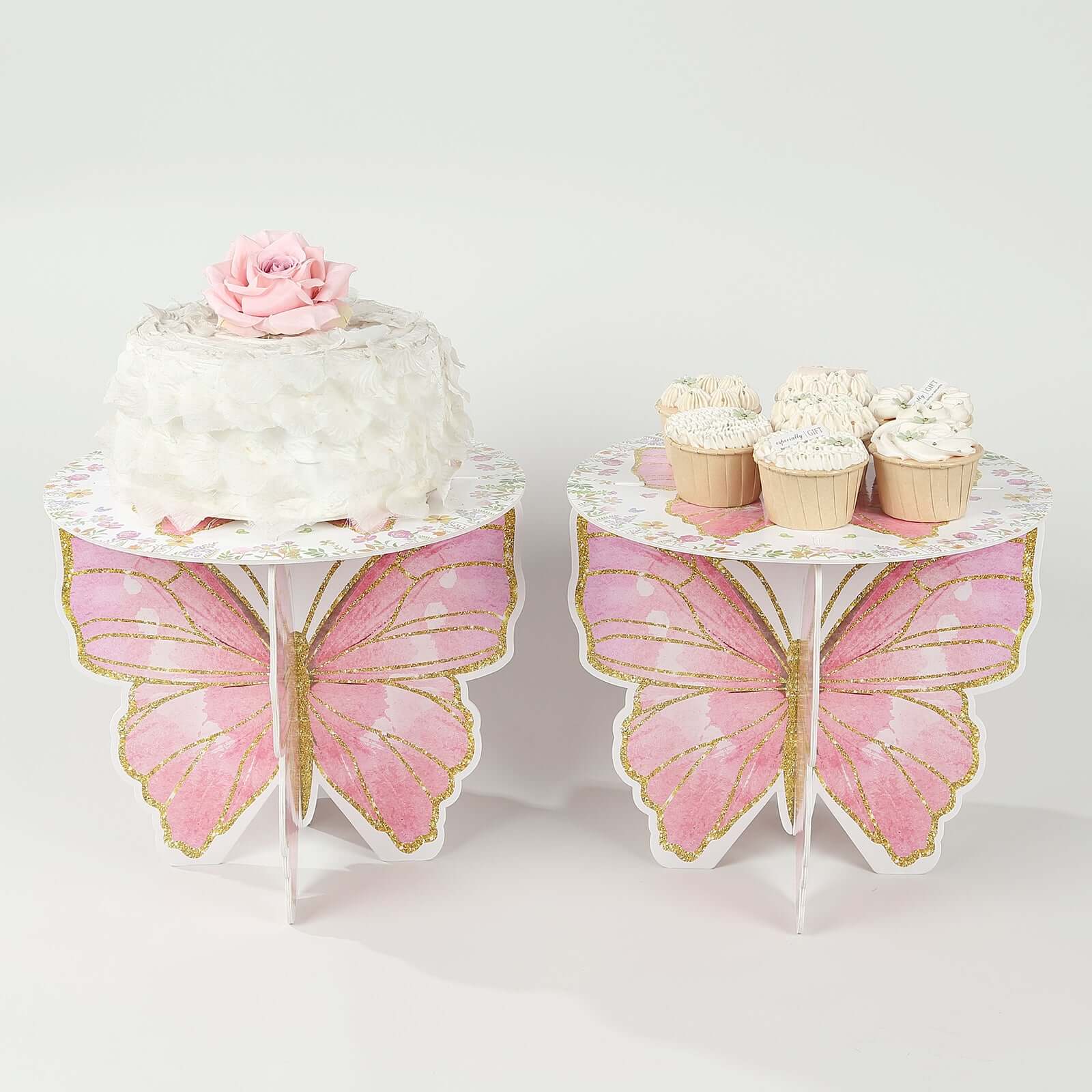 2-Pack Foam Board Cake Stands White/Pink Glitter Butterfly with Floral Print -for Garden Party Birthday & Event Decor