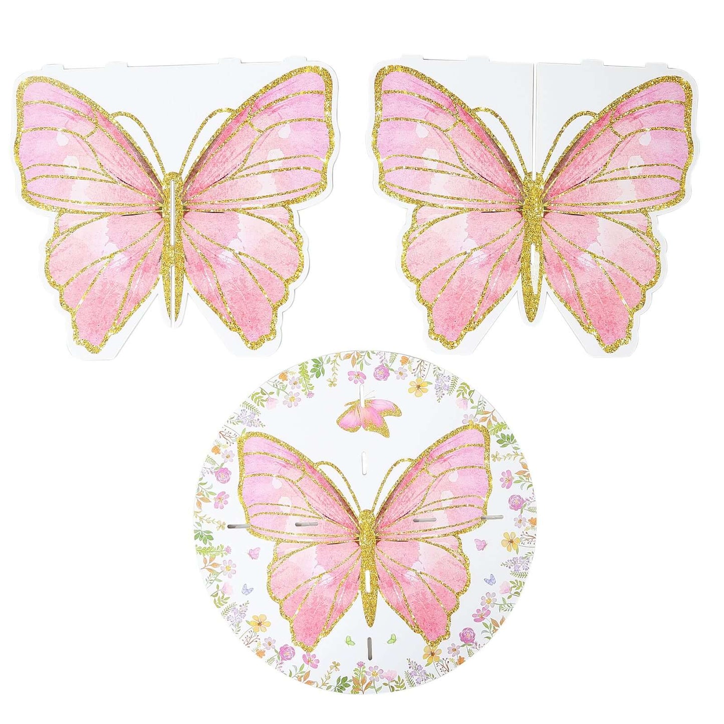 2-Pack Foam Board Cake Stands White/Pink Glitter Butterfly with Floral Print -for Garden Party Birthday & Event Decor